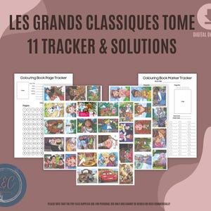 Op de afbeelding: Een printbare set van 11 kleurboektrackers en oplossingen voor klassieke kinderverhalen. De trackers bevatten een raster met afbeeldingen uit de verhalen, waaronder Assepoester, De Kleine Zeemeermin en Belle en het Beest. De trackers zijn ontworpen om kinderen te helpen hun voortgang bij het kleuren bij te houden.