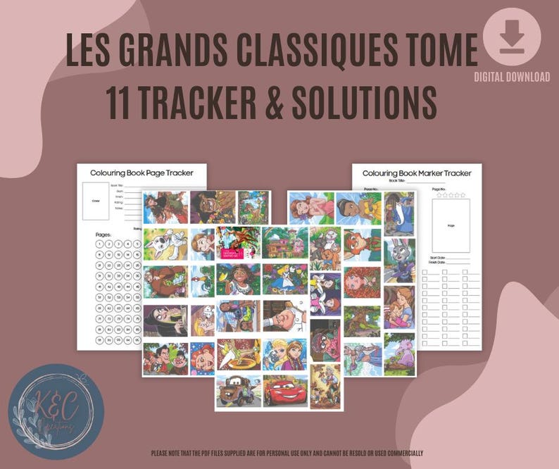 May include: A printable set of 11 coloring book trackers and solutions for classic children's stories. The trackers feature a grid of images from the stories, including Cinderella, The Little Mermaid, and Beauty and the Beast. The trackers are designed to help children keep track of their progress as they color.