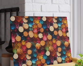 Colorful Wine Corks Glass Cutting Board, Wine Decor, Wine Bar, Housewarming Gift For Wine Lover, Gift For Couple Wine and Cheese Board