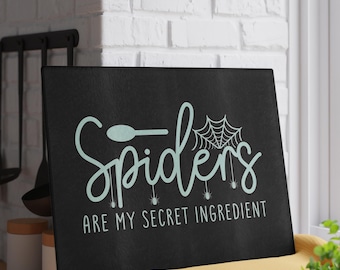 Spiders Are My Secret Ingredient Halloween Kitchen Decor, Halloween Glass Cutting Board, Halloween Serving Tray, Charcuterie Board