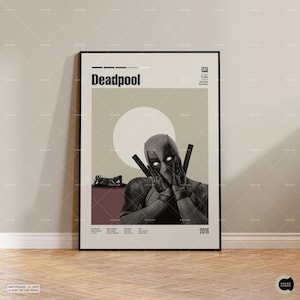 May include: A minimalist movie poster for the film "Deadpool" featuring a black and white image of the character Deadpool with his hands covering his face. The poster has a beige background with a large white circle in the background. The text "Deadpool" is in black at the top of the poster and the year "2016" is in black at the bottom of the poster.