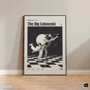 May include: Black and white poster of the film "The Big Lebowski" featuring a man and woman in a dance pose on a chequered floor. The text "The Big Lebowski" is at the top of the poster, and the year "1998" is at the bottom.