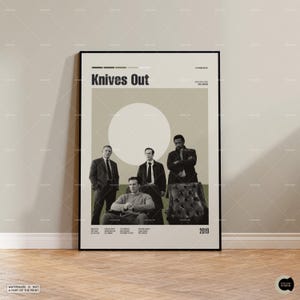 May include: A movie poster for the film "Knives Out" featuring a group of five people in a room. The poster is in a minimalist style with a white background and a circle in the center. The title of the film is in bold black text at the top of the poster. The year 2019 is in the bottom right corner.