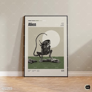 May include: A black and white poster with a minimalist design featuring the title "Alien" and a skeletal alien creature from the 1979 film. The poster has a white background with a green ground and a large white circle behind the alien.