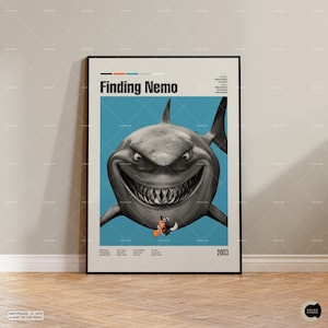 May include: A minimalist movie poster for the animated film Finding Nemo. The poster features a close-up of the shark, Bruce, with a blue background. The title "Finding Nemo" is in bold white text at the top of the poster. The year 2003 is printed in white at the bottom of the poster.