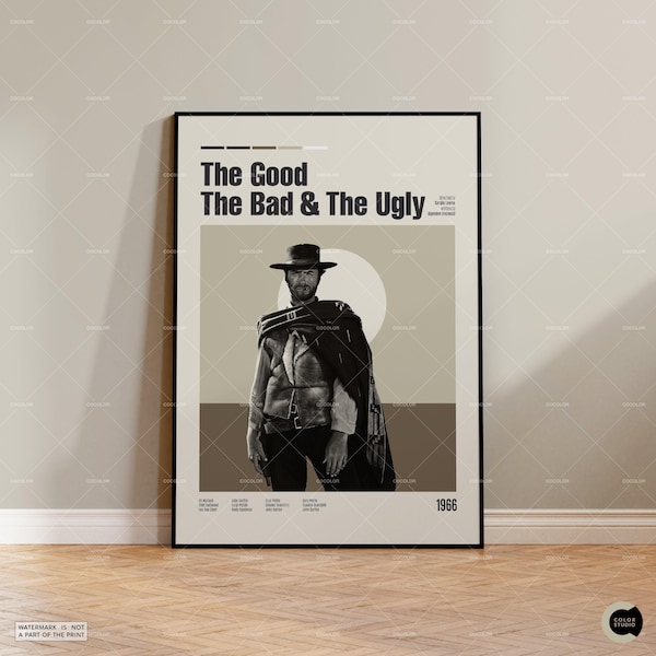 The Good The Bad The Ugly, vintage geïnspireerde film, retro modern, vintage geïnspireerde poster, poster uit het midden van de eeuw, filmposter, aangepaste poster