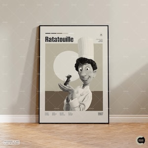 Ratatouille, pôster de filme retrô, moderno de meados do século, pôster de programa de TV retrô, arte cinematográfica minimalista, melhores filmes de todos os tempos, pôster de filme personalizado