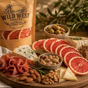 May include: A wooden serving board displays a variety of snacks. The board includes dried grapefruit slices, cheese, olives, nuts, crackers, and salami. A bag of "Wild West Snacks" is visible in the background.