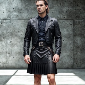 Custom Black Leather Gladiator Kilt and Jacket Set | Men&#39;s Leather Gladiator Outfit | Black Leather Warrior Kilt and Jacket | Italian Leathe