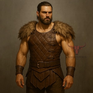 Custom Made Brown Leather Warrior Suit | Medieval Leather Armor Vest with Fur | Fantasy Cosplay Viking Vest for Men