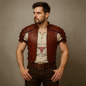 May include: A brown leather vest with shoulder armour is worn over a beige shirt. The vest has a buckle closure and is paired with brown trousers and a brown belt. The image features a man standing in front of a neutral background.