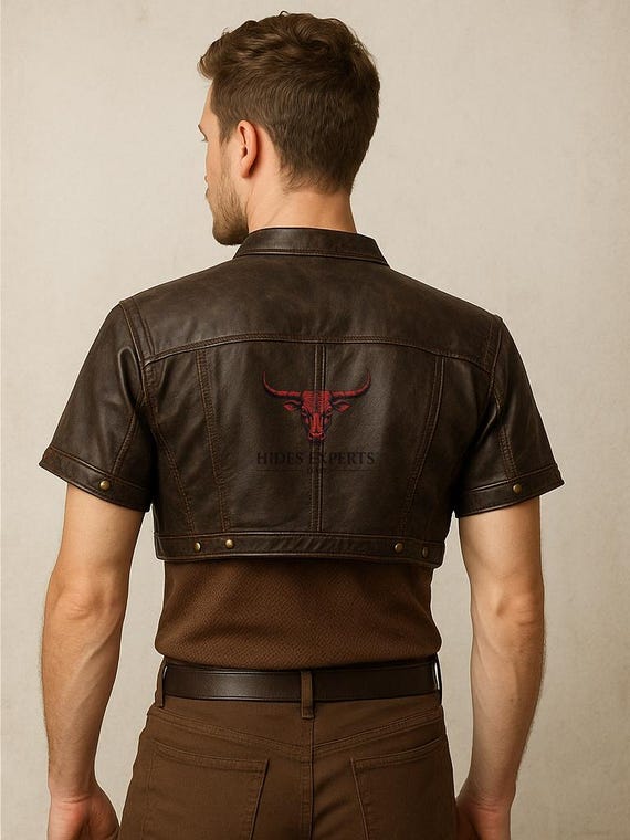 Genuine Short-sleeve Cropped Gothic Brown Leather Bolero Jacket
