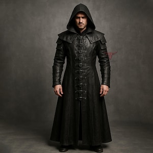 Custom Made Black Leather Vampire Long Coat with Hood | Gothic Cosplay Trench Coat for Men | Medieval Hooded Halloween Jacket - Gift For Him