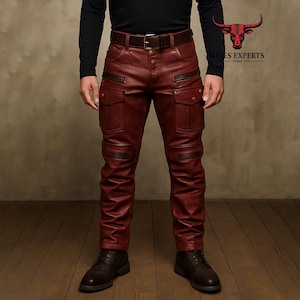 Pantalon cargo homme rouge en cuir | Pantalon de motard streetwear italien fait main | Pantalon utilitaire gothique Techwear