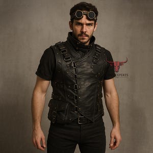 Steampunk Leather Utility Vest for Men | Gothic Streetwear | Adjustable Buckles & Pockets | Handmade Real Leather Costume Top