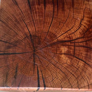 May include: A square wooden table top in a rich, reddish-brown colour. The surface displays the natural grain and growth rings of the wood, with dark, linear cracks adding texture. The design highlights the wood's natural patterns.
