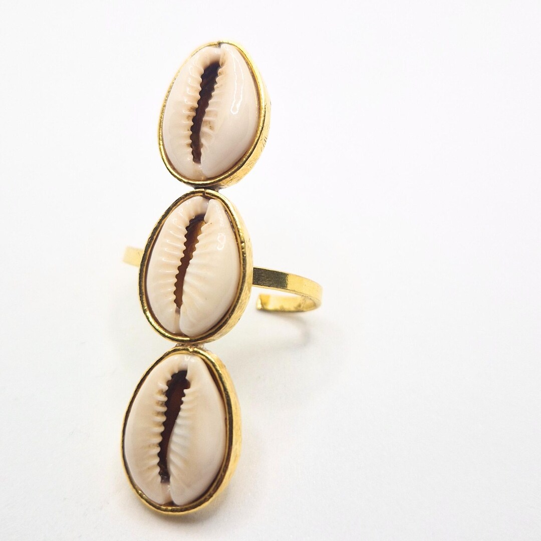 Shell Cuff 3 White Cowrie Shell Cuff Ring - Natural Shells in Gold Bronze - Chic ...