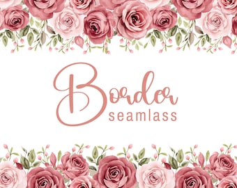 Watercolor Rose Floral Border Pattern, Vintage Seamless Print (Digital Download)