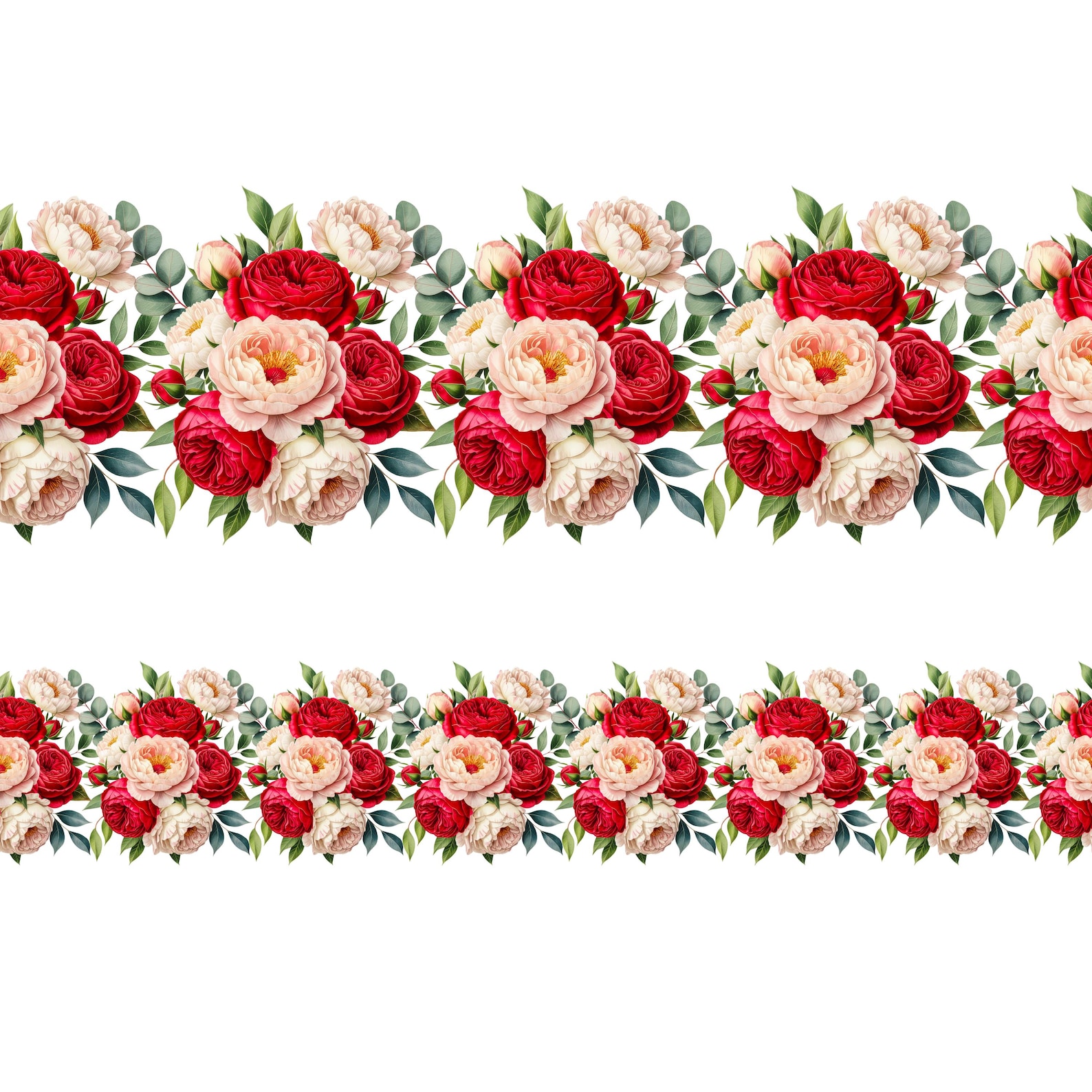 Red Rose Floral Seamless Border, Watercolor Clipart (PNG Digital ...