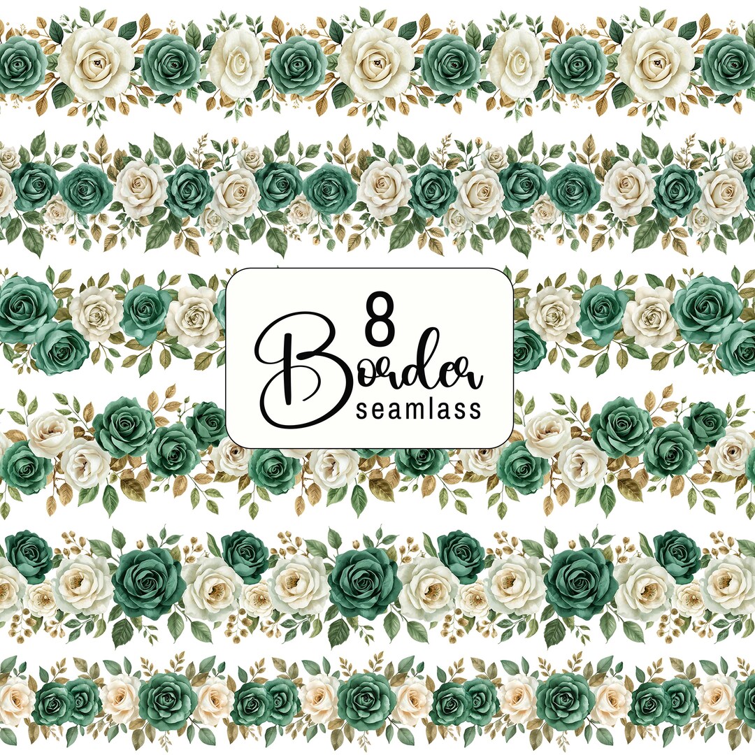 Emerald Green Cream Rose Seamless Border Bundle, Watercolor Floral ...