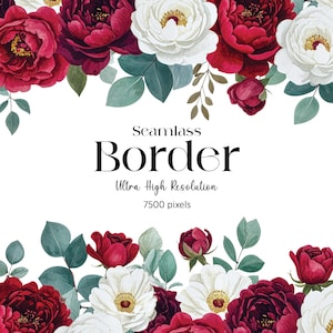 May include: A seamless border design featuring watercolor flowers in shades of red, burgundy, and white, with green foliage. The text "Seamless Border" is displayed in a stylish font, with "Ultra High Resolution" and "7500 pixels" below.