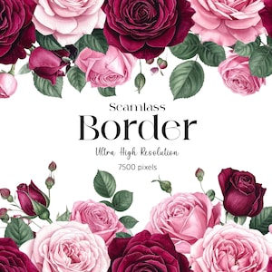 Può includere: Un design di bordo senza cuciture con rose ad acquerello nei toni del rosa e del bordeaux, con foglie verdi. Il testo "Seamless Border" e "Ultra High Resolution 7500 pixels" è visualizzato in nero.
