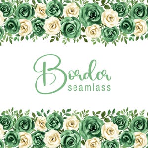 Pode incluir: Um design de borda floral sem costura com rosas verdes e creme e folhas verdes. O texto "Border seamless" está escrito em itálico no centro da imagem. O design está em um fundo branco.