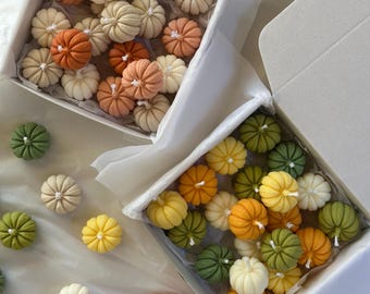 Puede incluir: Dos cajas de cartón abiertas llenas de pequeñas velas de cera con forma de calabaza en varios colores, incluyendo blanco, crema, naranja, amarillo y verde. Varias velas de calabaza adicionales están esparcidas fuera de las cajas.