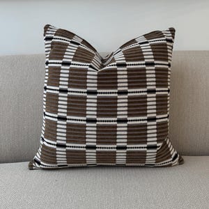 Brown Checkered Throw Pillow | Geometric Pillow | Woven Stripe Texture | Modern Neutral Accent | Square Pillow