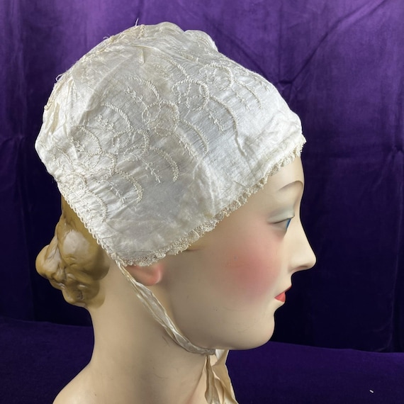 Antique Victorian Silk Embroidery Boudoir Bonnet Older
