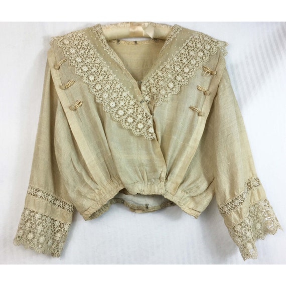 Antique Edwardian Ecru Raw Silk 1910 Bodice Lace … - image 1