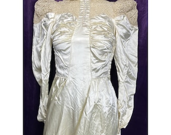 Late 30s 1890s Revival Liquid Satin Wedding Dress Train Puff Shoulder Mutton