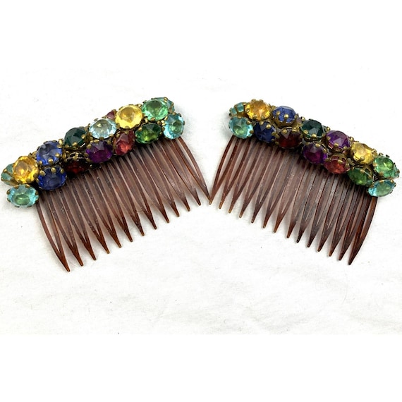 Vintage 40s 50s Prong Set Glass Rainbow Hair Comb… - image 2