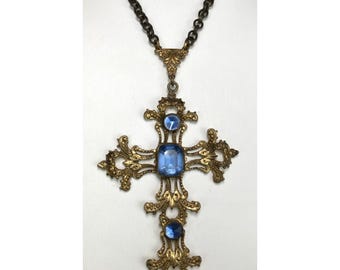 Antique Victorian Czech Glass Gilded Gilt Baroque Rococo Cross Necklace