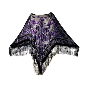 Y2K cut Burnout velvet roses fringe piano shawl poncho cape caplet
