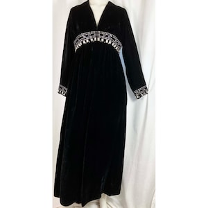 60s Velvet Empire Waist Jewel Trim Evening Dress Maxi 1960s