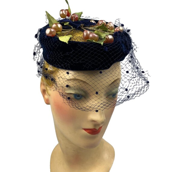 Blue Velvet Cherries Tilly Hat 50s Veil