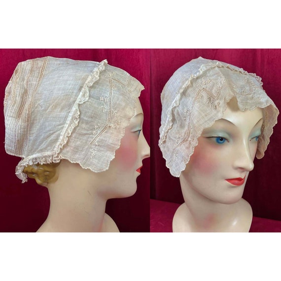 18th c - Regency Embroidered Cotton Cap Bonnet Emb
