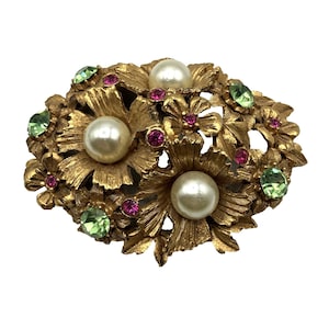 Signed Florenza vintage box lid pearl crystal gold tone