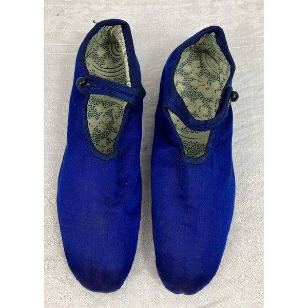 Antique Vintage Chinese Cobalt Blue Silk Shoes Mary Jane Very Small
