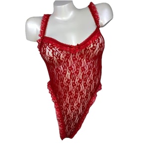 L Vintage 80s SUPER high Cut Fredericks Hollywood Body Suit  Thong  Red Lace