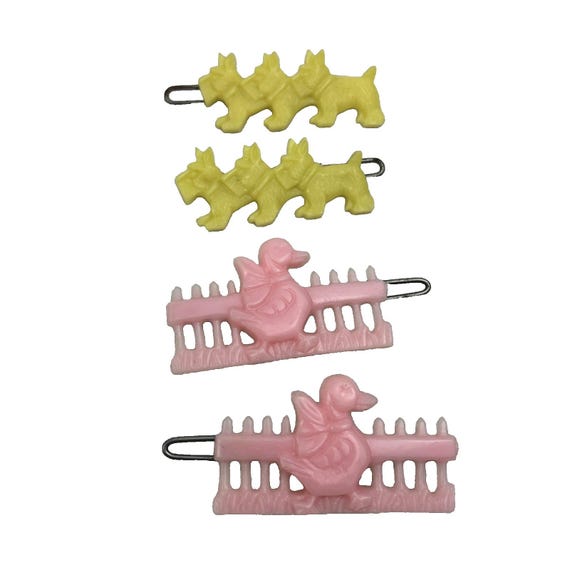 HTF 2 Sets Of 1940s Kids Hair Barrettes Dogs Ducks Vintage
