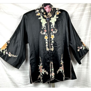 Vintage early ROC Chinese jacket floral embroidery peking forbidden stitch Silk