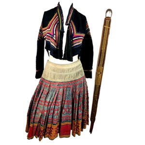 Vintage Antique 3 Pc Laos Thai Hmong Miao Embroidered Pleated Skirt Belt Jacket