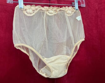 Sz 5 Vintage vanity fair granny panty beige taupe sheer lace waist Pin Up Sissy
