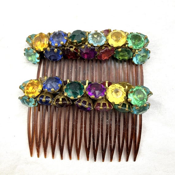 Vintage 40s 50s Prong Set Glass Rainbow Hair Comb… - image 1