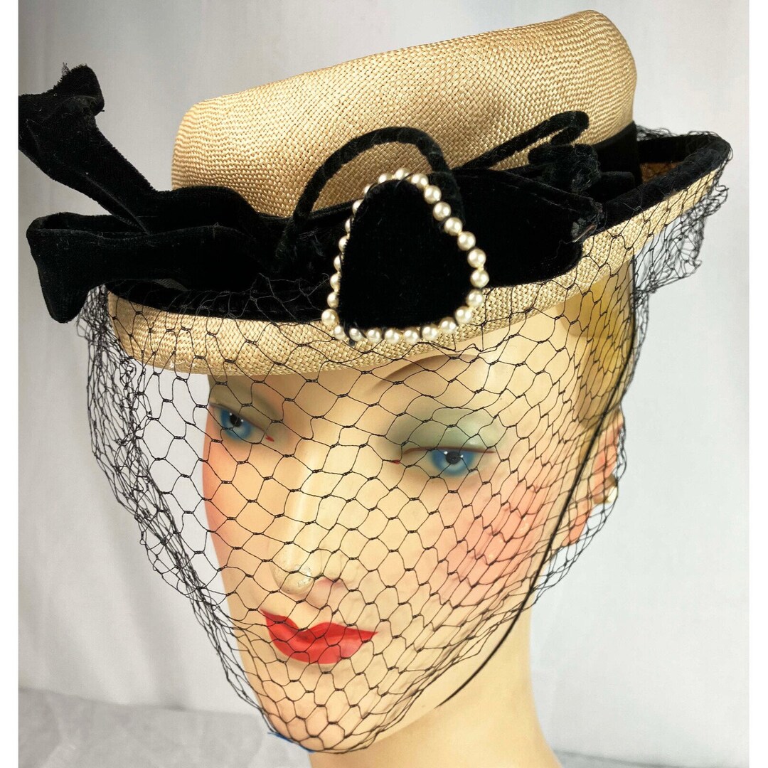 1940's Perched Hat w/ Poms + Netting