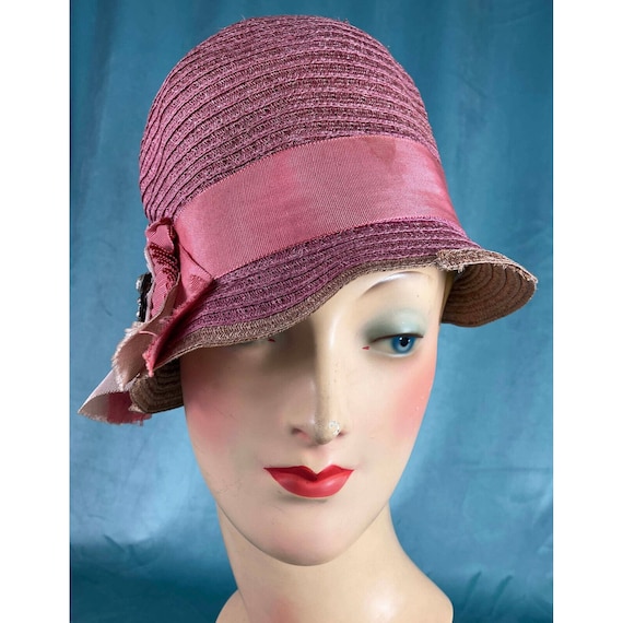 1920s  Bell Cloche Helmet Pink Straw 20s Flapper - image 1