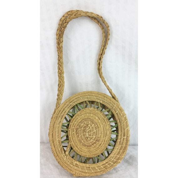 Antique Edwardian ? Handmade Circular Basket Bag … - image 1