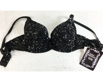 Clear Resin Rhinestone Embellished Black Full Coverage Bra, Size 34B  Abstract Design
